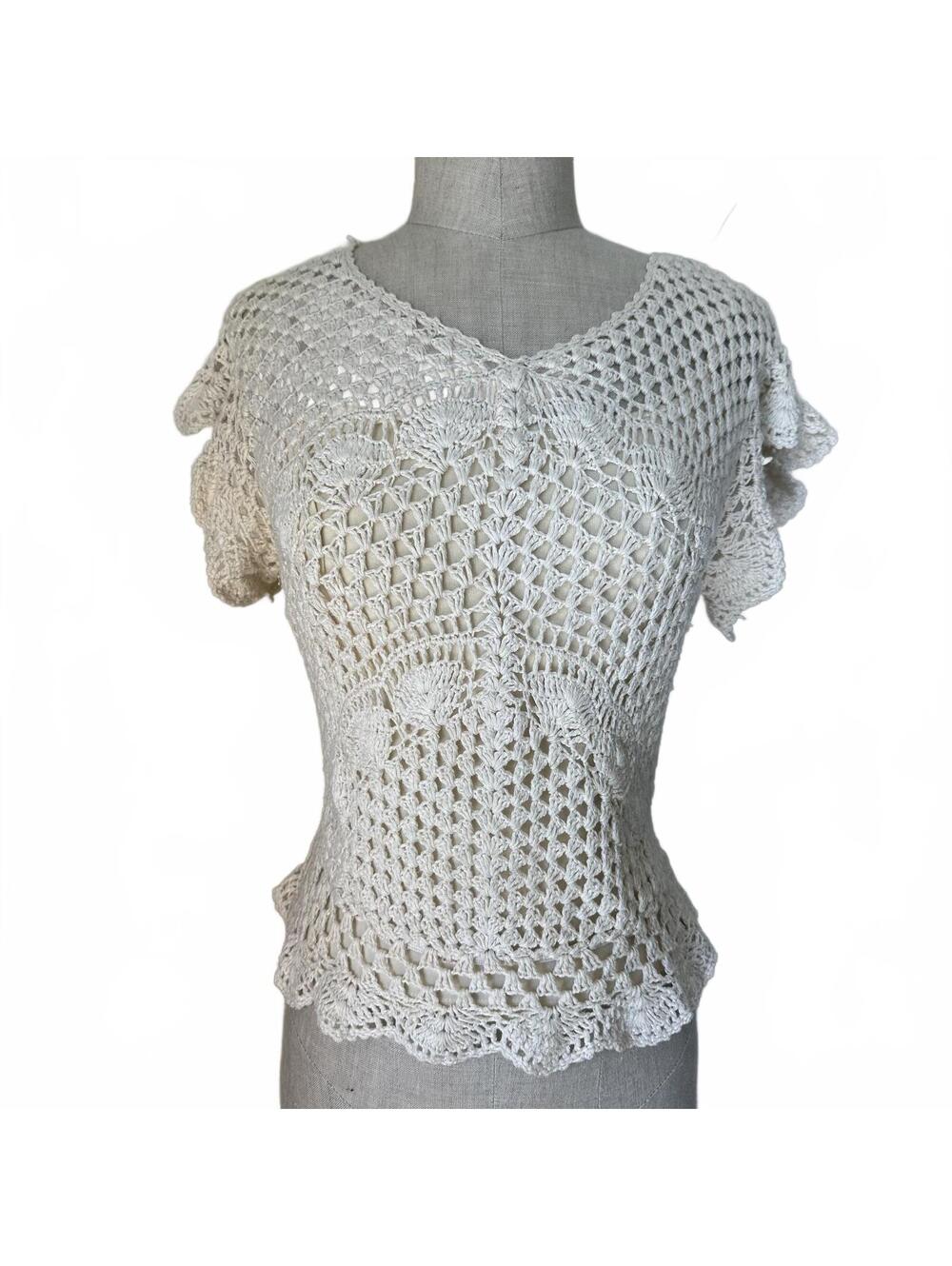 Vintage Cream Crochet Open Knit Top Set 70s Boho XS
